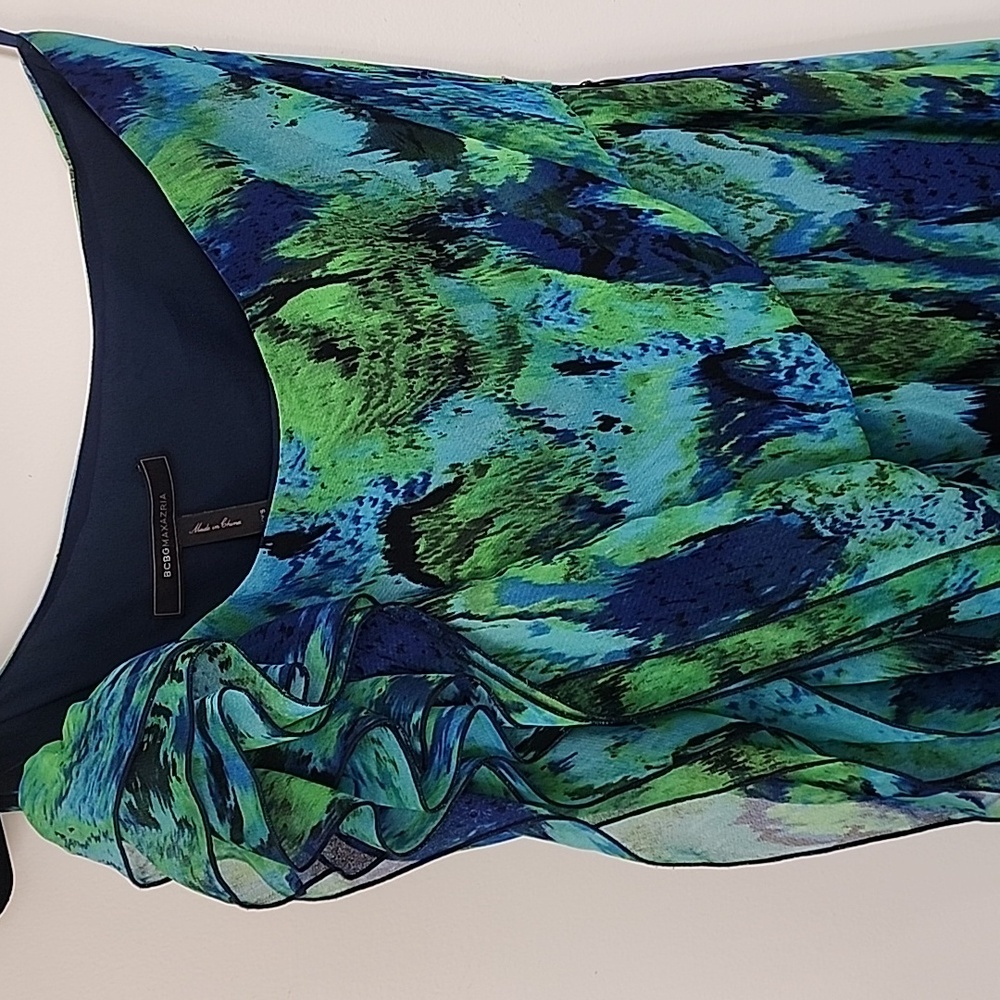 BCBGMAXAZRIA Elegant Blue and Green One-Shoulder Maxi Dress, size XXS